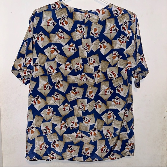 Vintage, Kathy Lee blouse, 90s blue and fruit w/ Tan envelope pattern size 8 - Picture 7 of 11